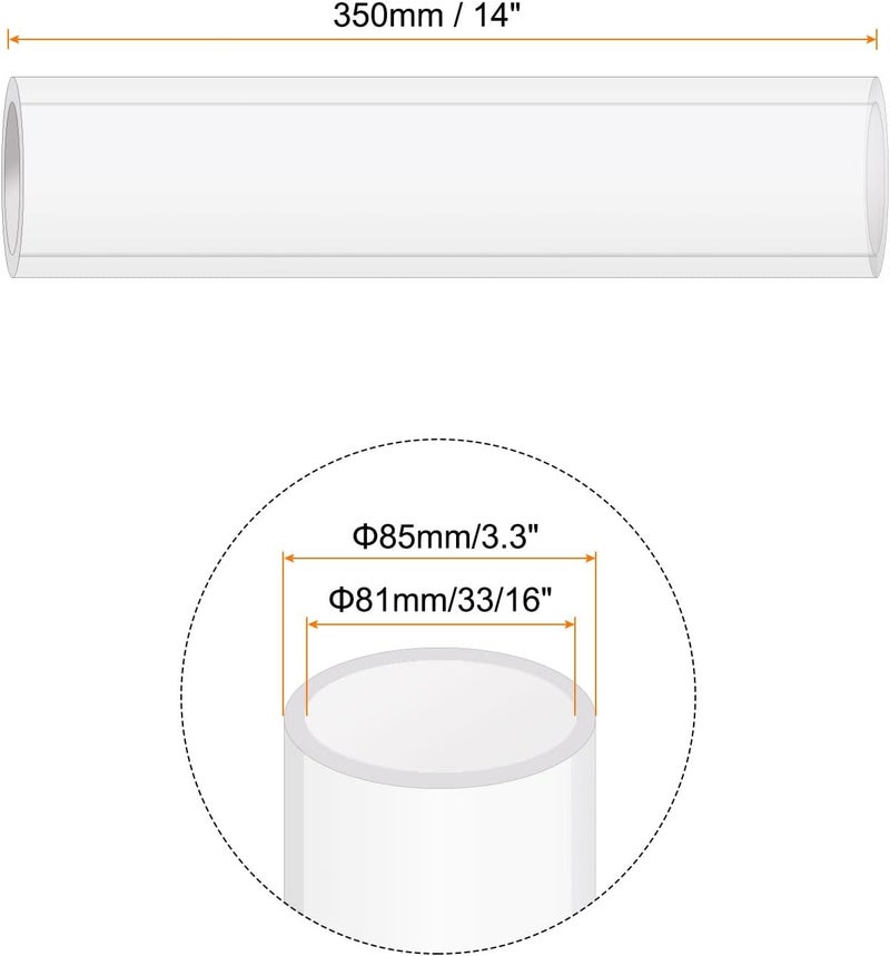 Rebower 14" Clear Plastic Rigid Pipe 81mm ID x 85mm OD (3 3/16" ID x 3.3" OD) Acrylic Round Polycarbonate Tubing, [for Plumbing, Hydraulics, Aquarium] - Image 2